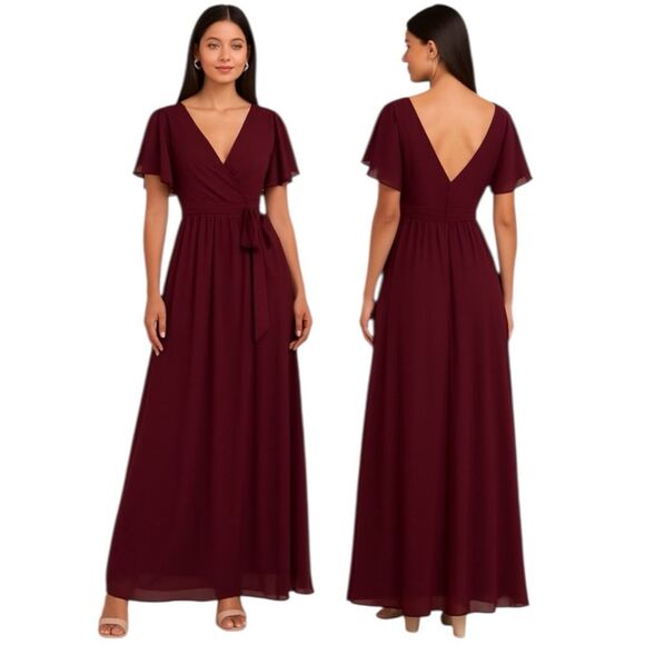 Lulus Convincing Grace Burgundy Flutter Sleeve Wrap Maxi Dress Size Large NEW - Picture 12 of 12